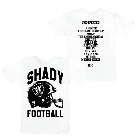 White Eminem Shady Football T-shirt front and back flat lay with helmet and album list