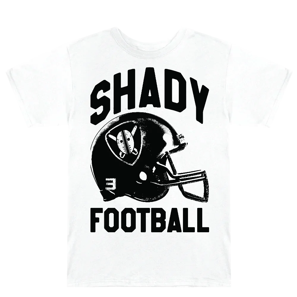 Front of the white Eminem Shady Football T-shirt with black helmet graphic