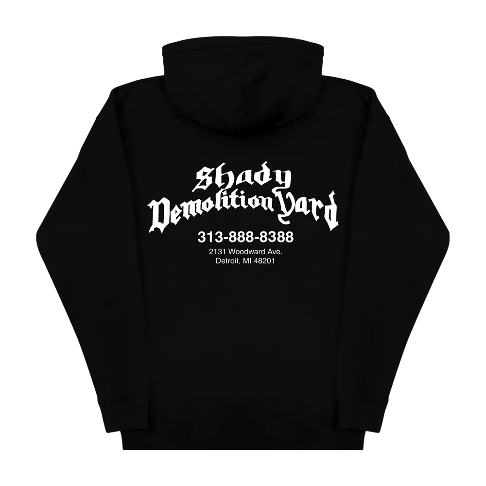 Back of the black Eminem Shady Demolition Yard hoodie with Detroit address print