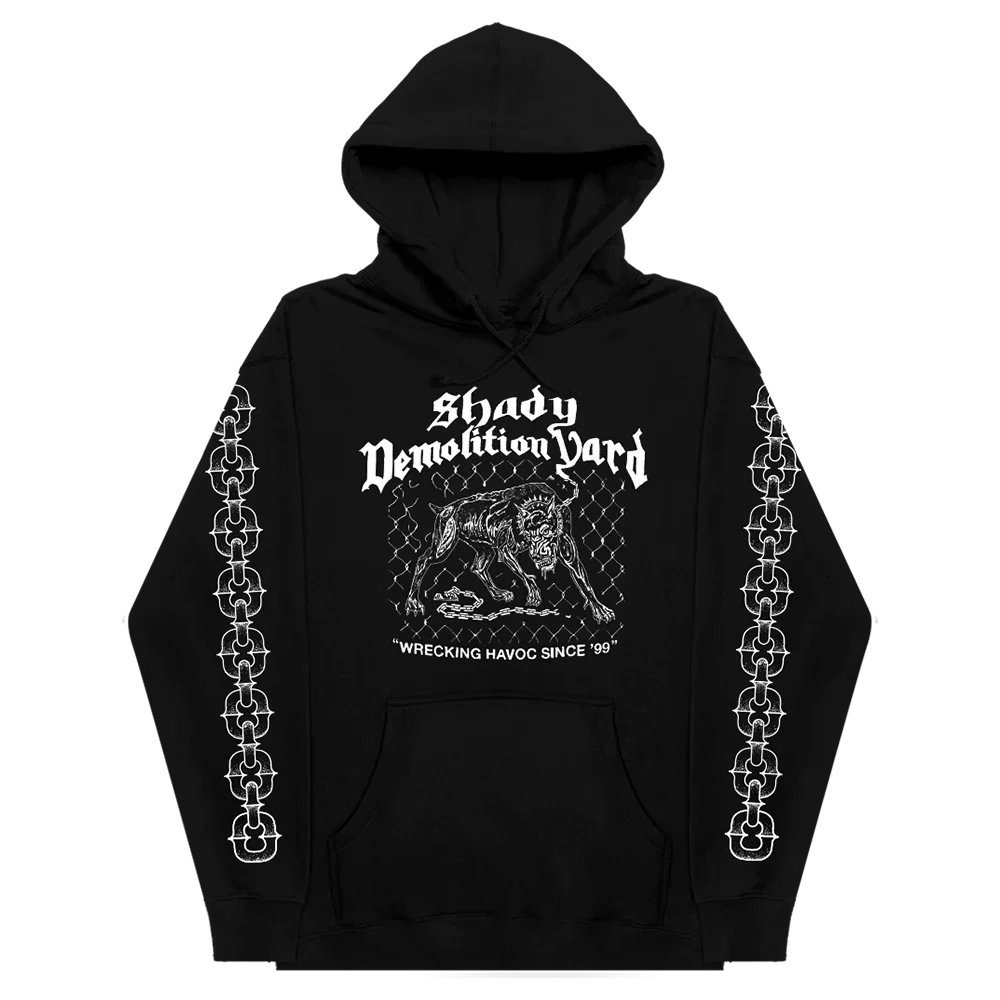 Front of the black Eminem Shady Demolition Junkyard Dog hoodie with guard dog graphic