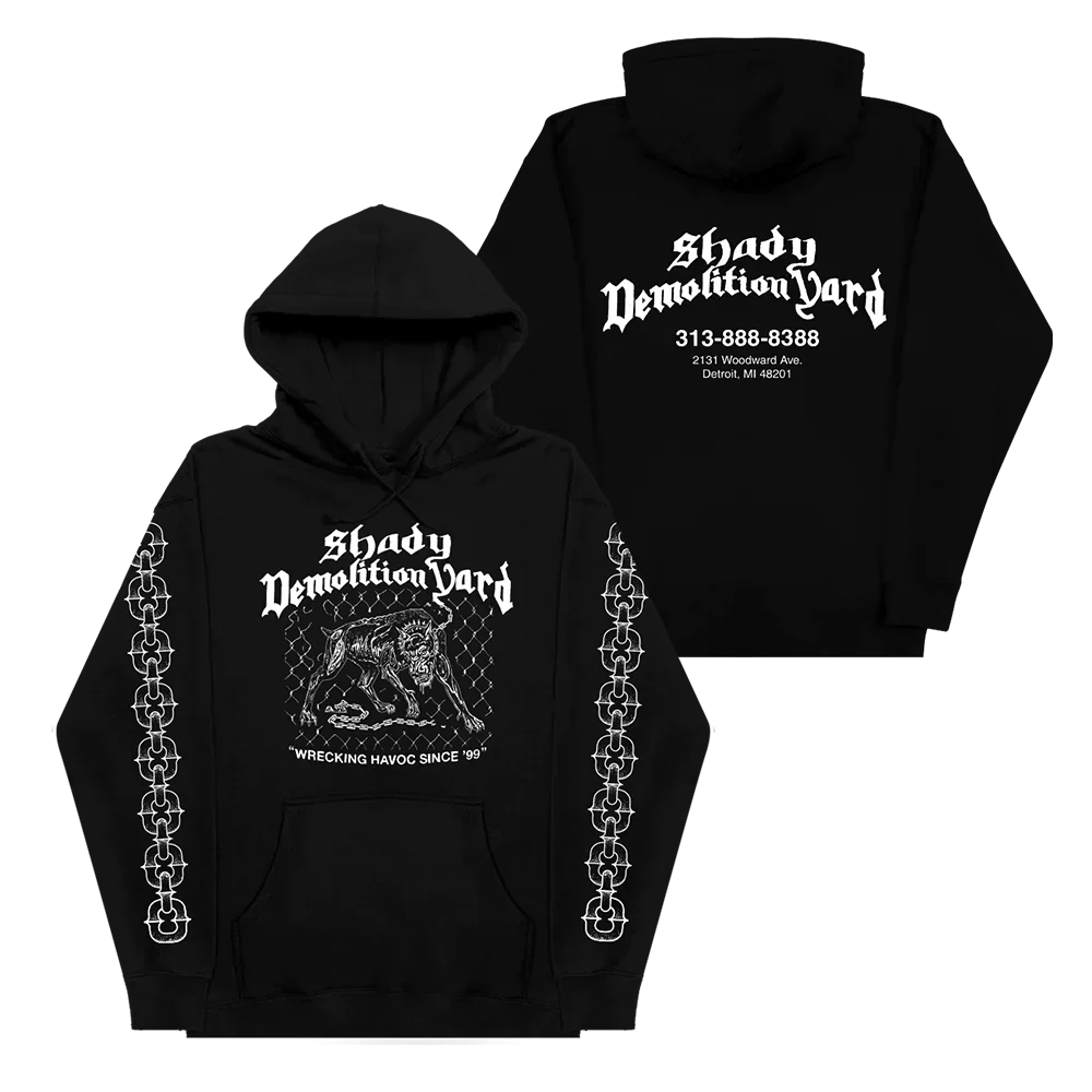 Black Eminem Junkyard Dog hoodie front and back flat lay with chain-link sleeve prints