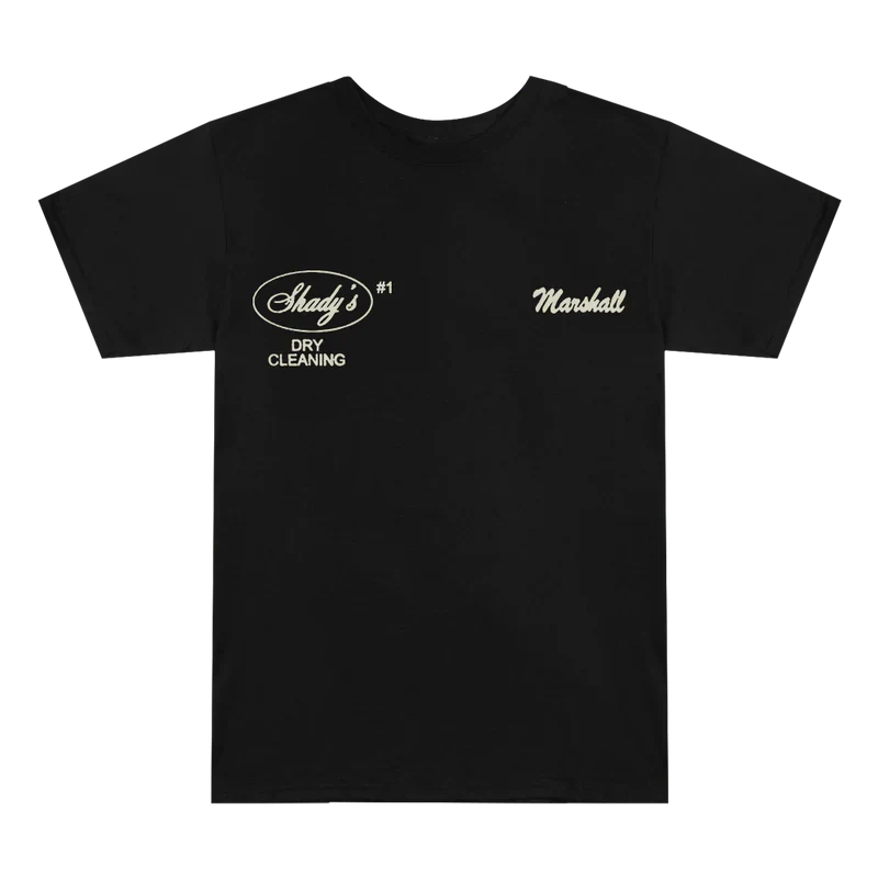 Front of the black Eminem Shady Cleaners T-shirt with Shady's Dry Cleaning and Marshall
