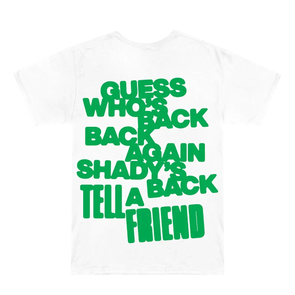 Back of the white Eminem Show 20th Anniversary T-shirt with green Guess Who's Back stacked type