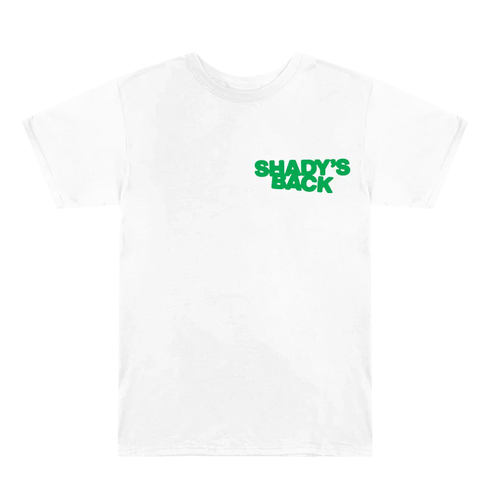 Front of the white Eminem Show 20th Anniversary T-shirt with small green Shady's Back print