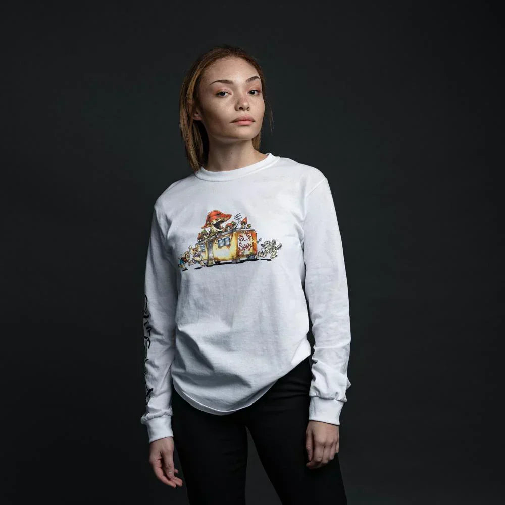 Woman wearing the white Eminem SSLP Illustrations long sleeve with cartoon chest print