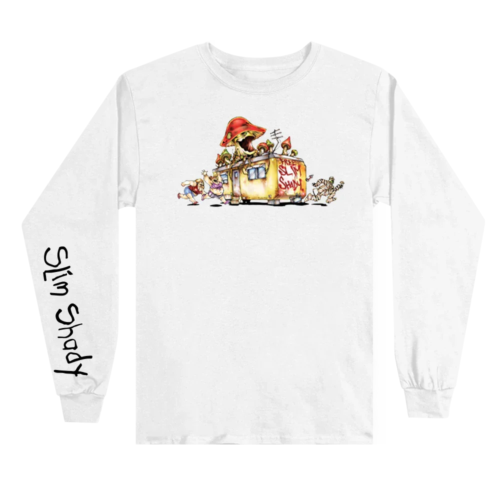 White Eminem SSLP Illustrations long sleeve flat lay with cartoon print and sleeve script