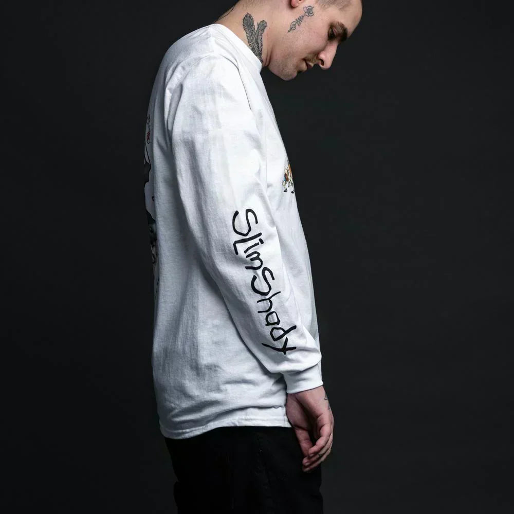 Sleeve detail reading Slim Shady on the white Eminem SSLP Illustrations long sleeve