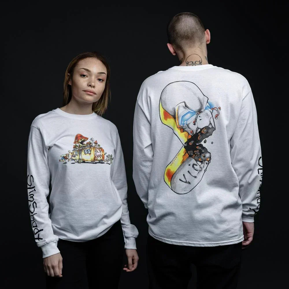 Two models in white Eminem SSLP Illustrations long sleeve shirts, front and back art