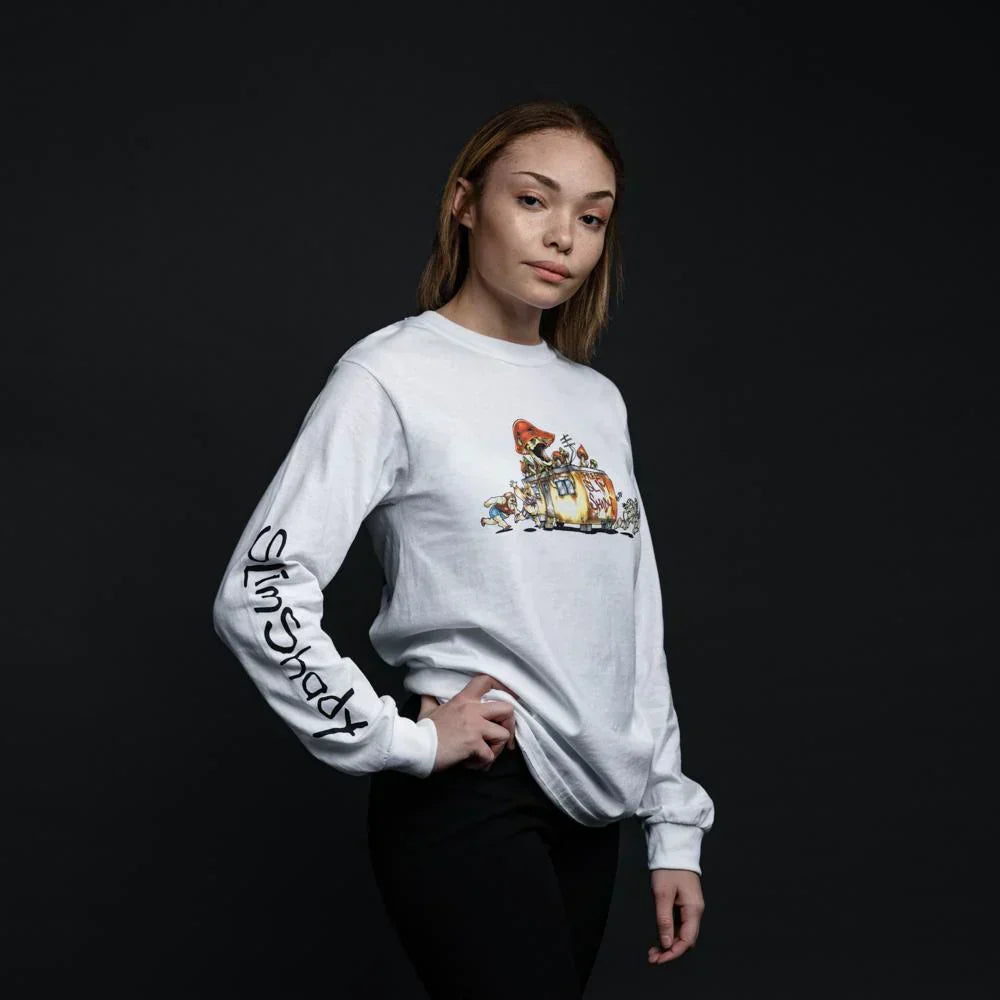 Side view of the white Eminem SSLP Illustrations long sleeve with sleeve script print