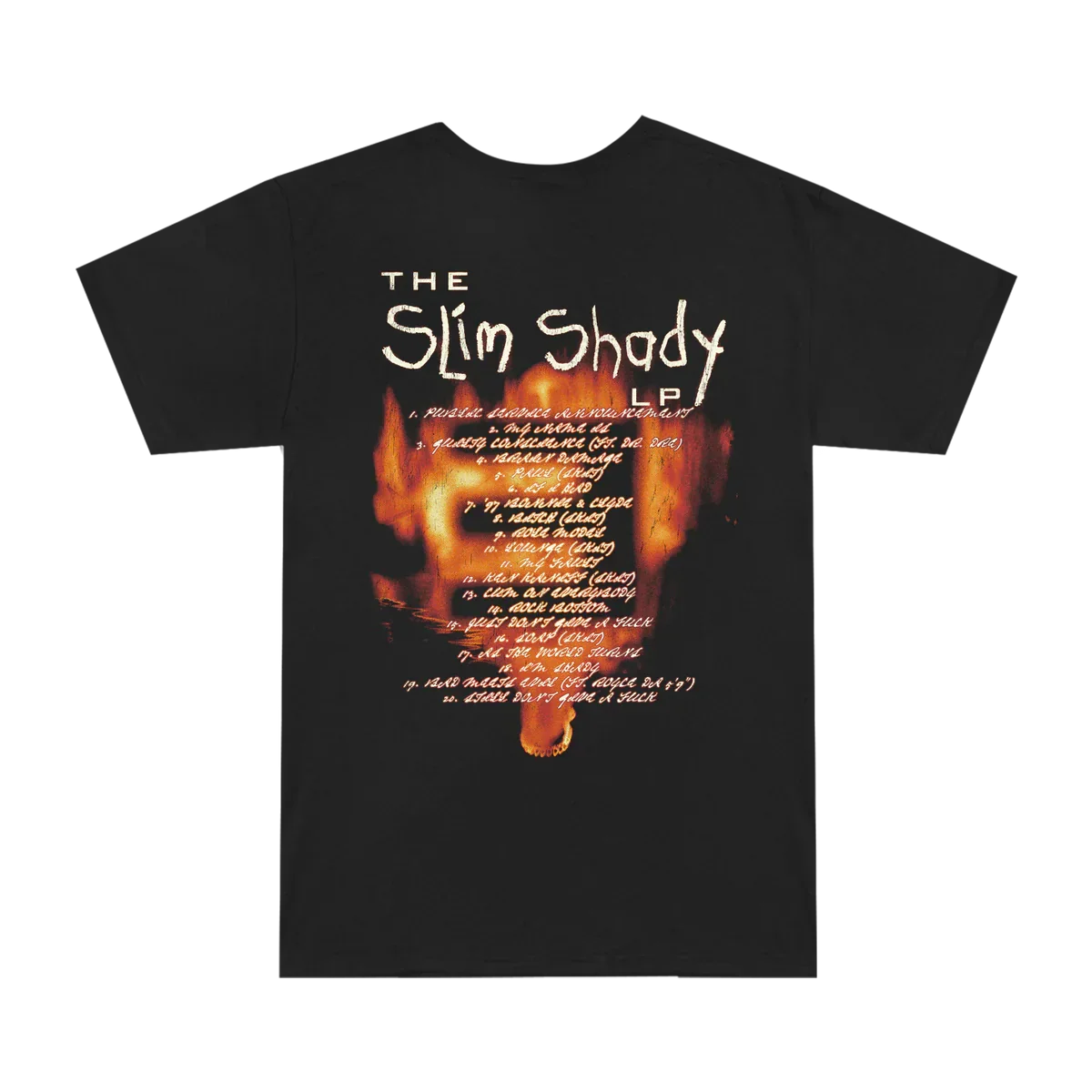 Back of the black Eminem SSLP25 Fire T-shirt with The Slim Shady LP track listing