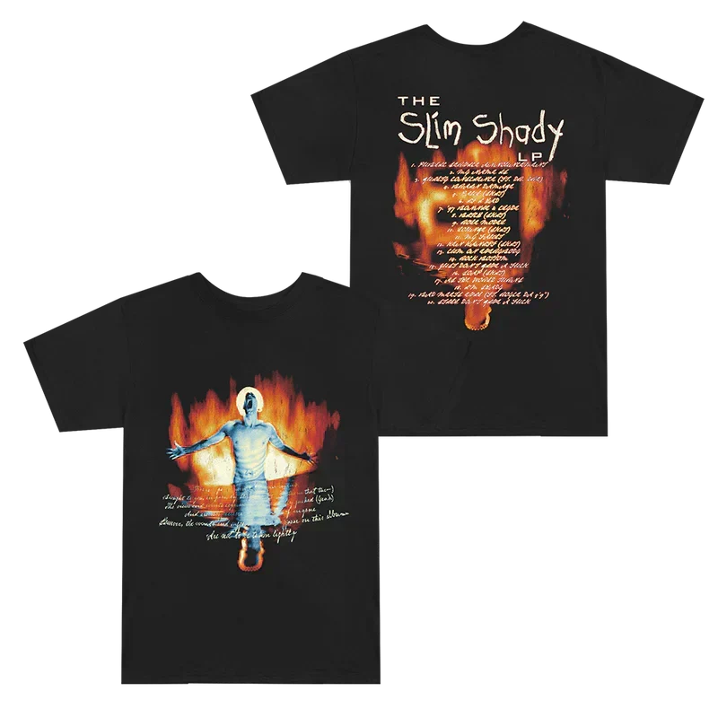 Black Eminem SSLP25 Fire T-shirt front and back flat lay with flame artwork