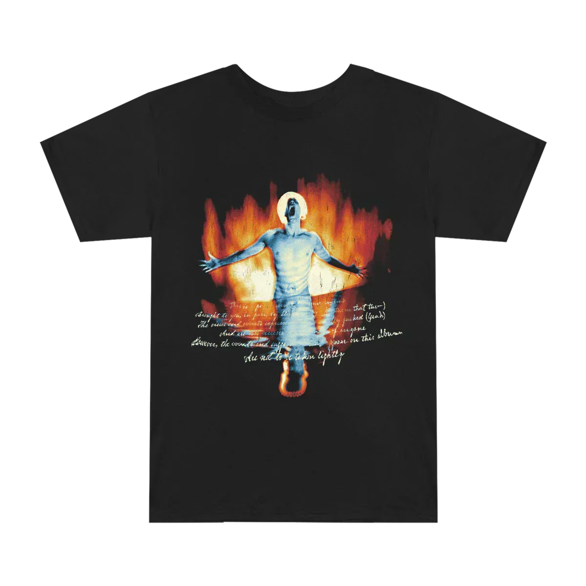 Front of the black Eminem SSLP25 Fire T-shirt with burning figure graphic