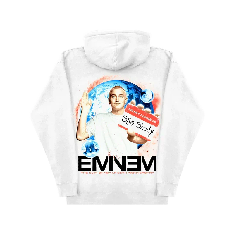 Back of the white Eminem SSLP25 hoodie with Slim Shady LP artwork and Eminem logo