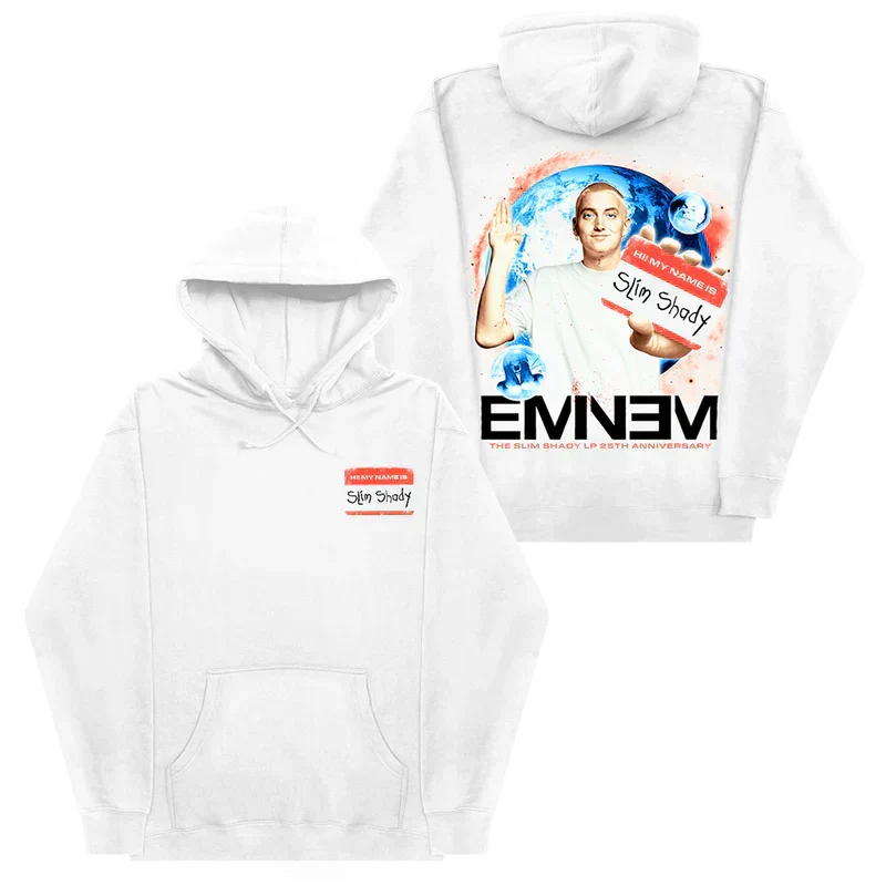 White Eminem SSLP25 Name Tag hoodie front and back flat lay with album artwork