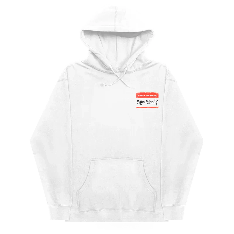 Front of the white Eminem SSLP25 Name Tag hoodie with red Slim Shady name tag print