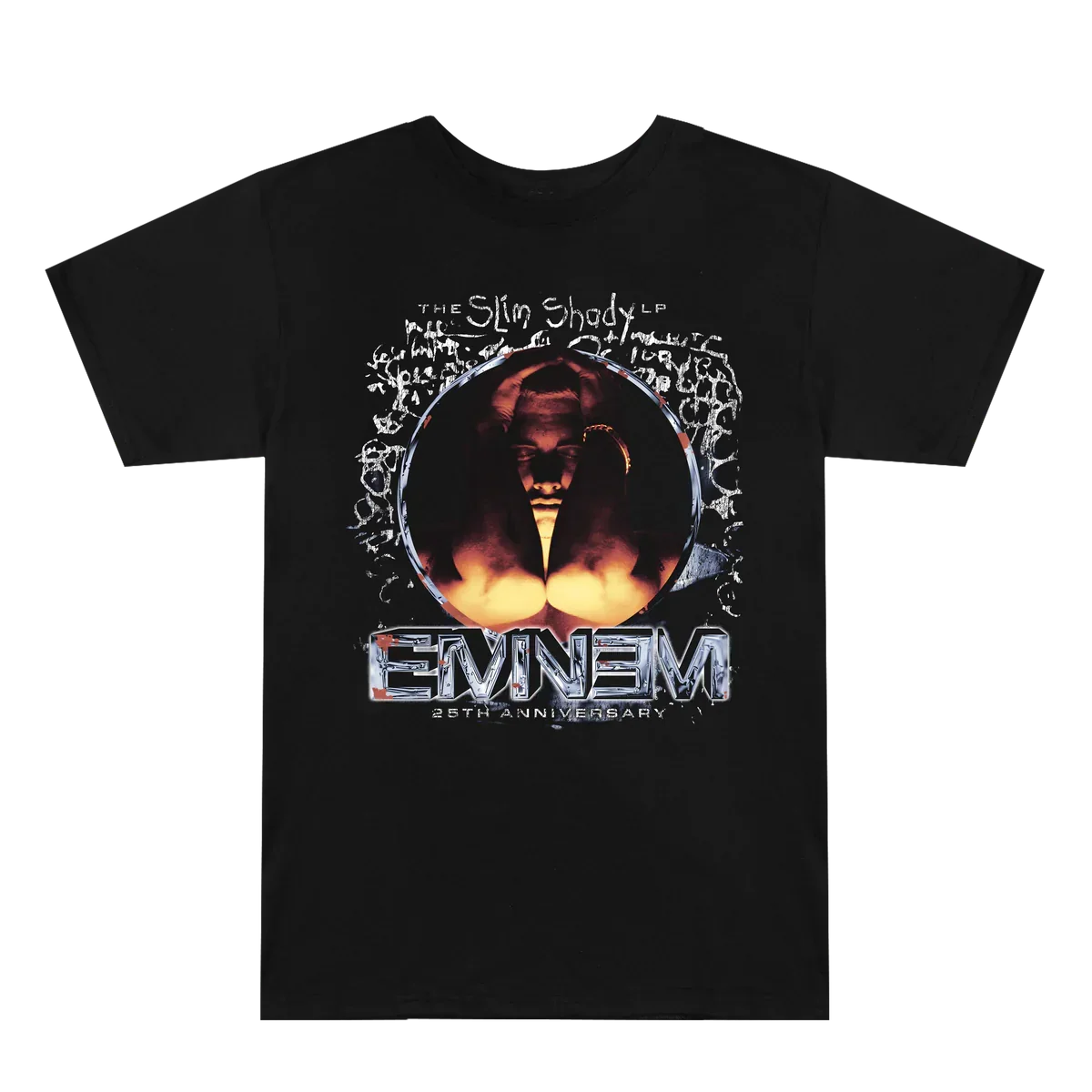 Black Eminem SSLP25 Portrait T-shirt flat lay with chrome logo and fire portrait print