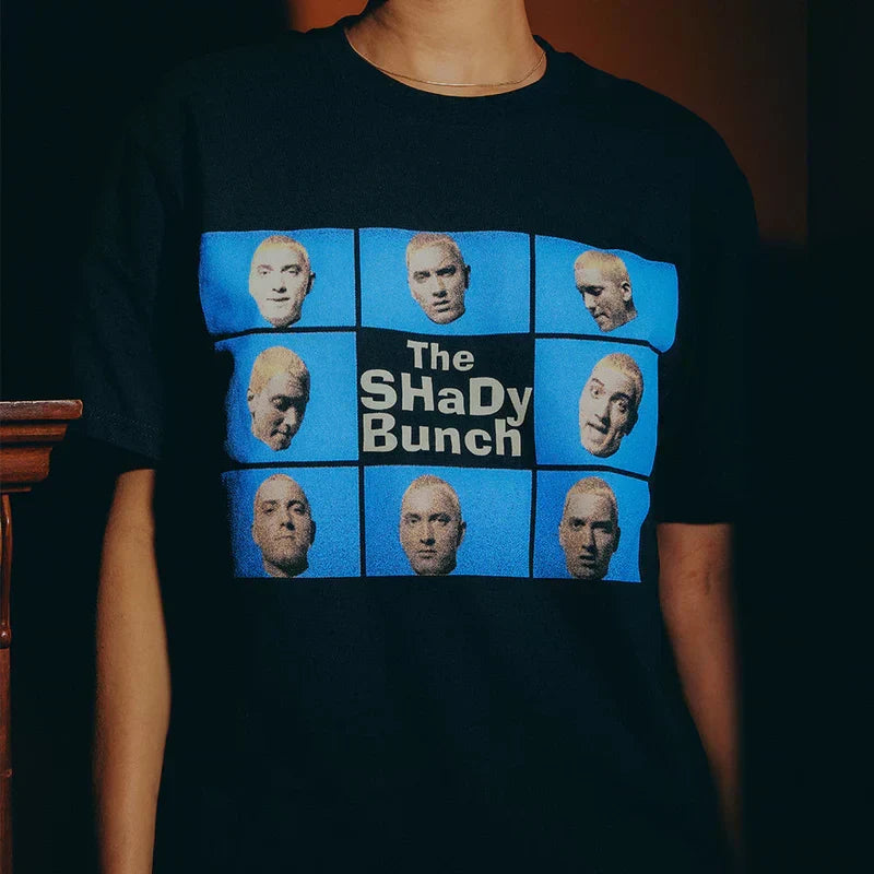 Close-up of The Shady Bunch photo grid print on the black Eminem SSLP25 T-shirt