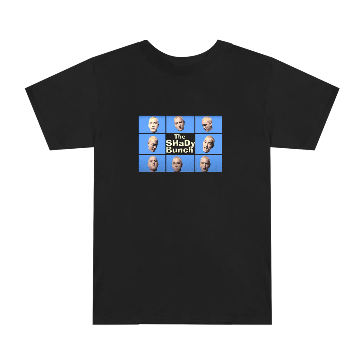 Black Eminem SSLP25 Shady Bunch T-shirt flat lay with blue photo grid graphic