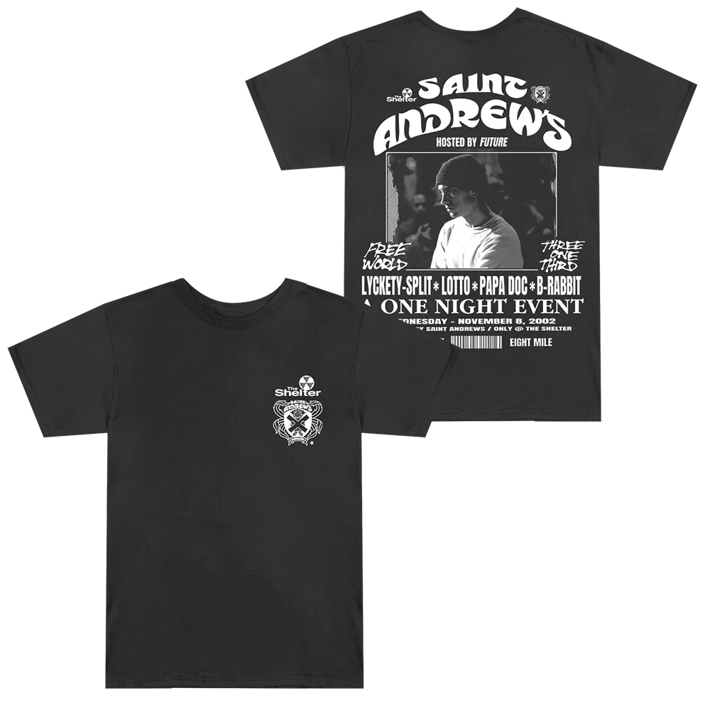 Black Eminem St. Andrews event T-shirt front and back flat lay with gig poster print