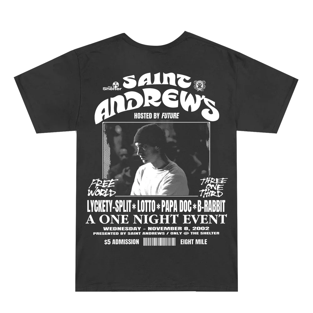 Back of the black Eminem Saint Andrews T-shirt with A One Night Event poster artwork