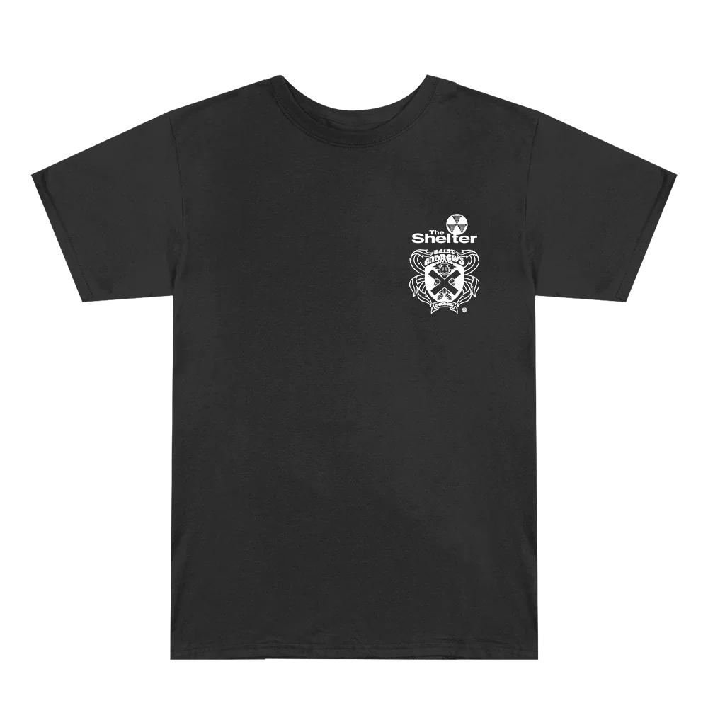 Front of the black Eminem St. Andrews T-shirt with small white crest print