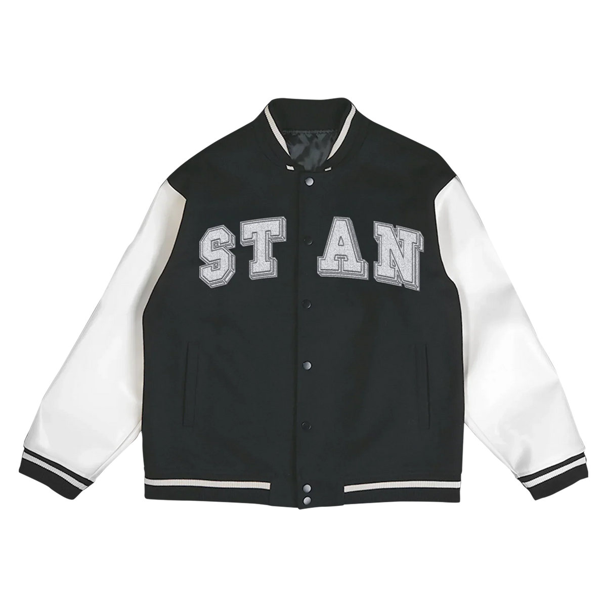 Front of the Eminem Stan varsity jacket with chenille STAN lettering across the chest