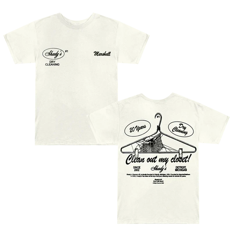 Cream Eminem Shady Cleaners T-shirt front and back flat lay with dry cleaner artwork