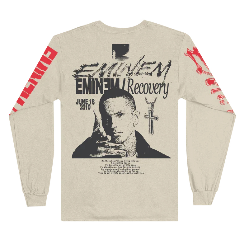 Back of the cream Eminem Recovery long sleeve with portrait print and red sleeve script