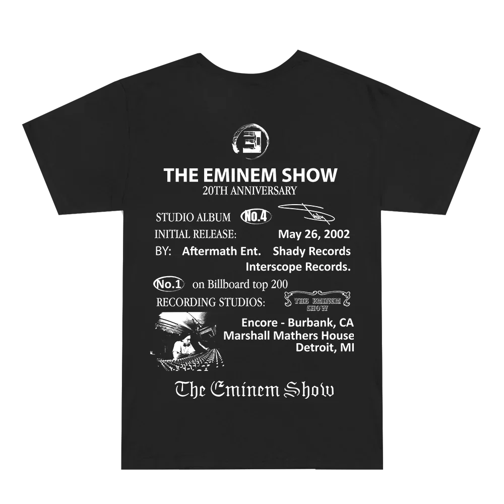 Back of the black Eminem Show 20th Anniversary T-shirt with 2002 release details print