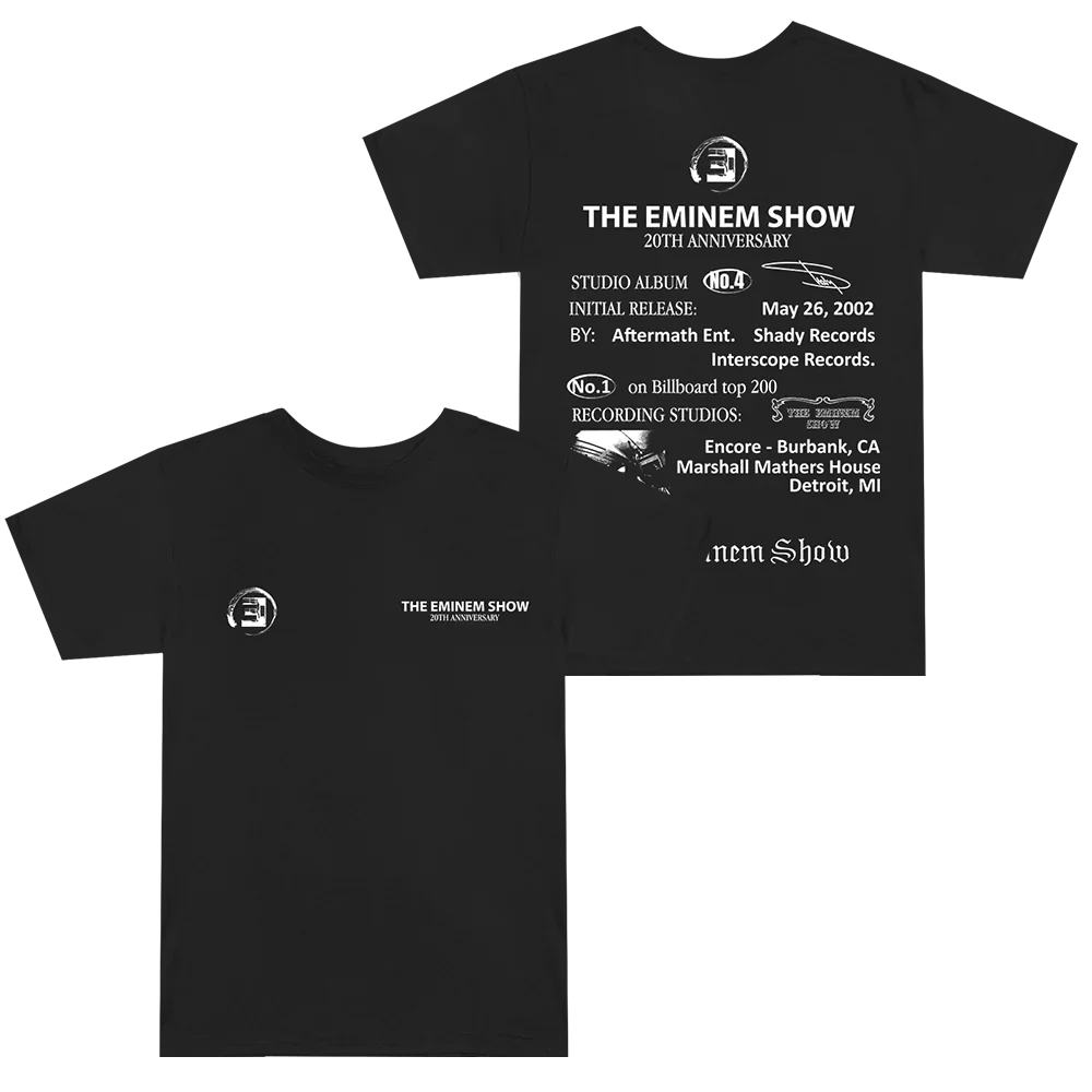 Black Eminem Show 20th Anniversary T-shirt front and back flat lay with concert details