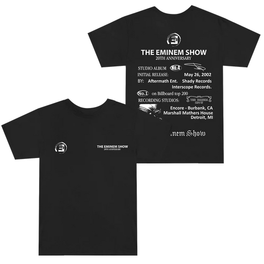 Black Eminem Show 20th Anniversary T-shirt front and back flat lay with concert details