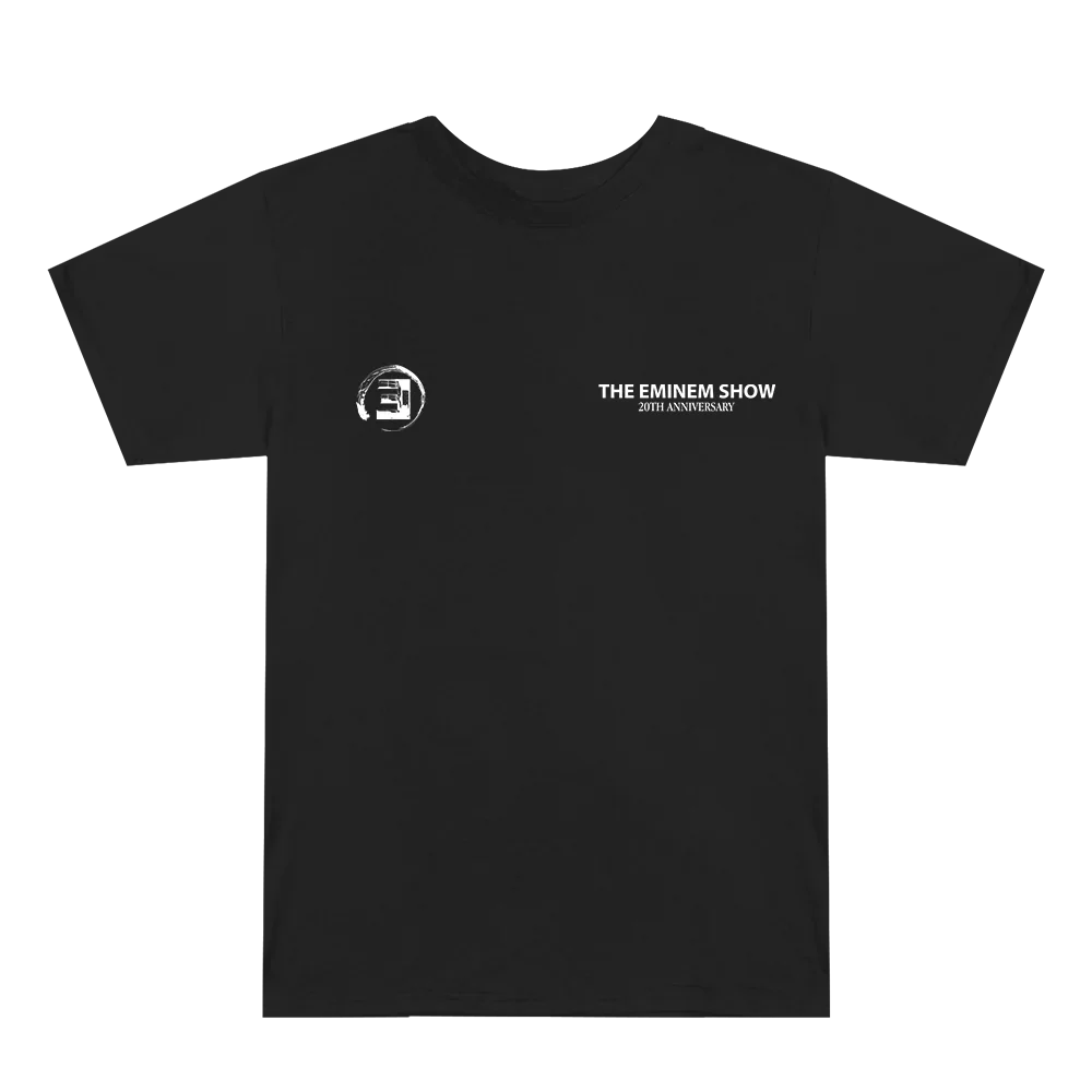 Front of the black Eminem Show 20th Anniversary T-shirt with small chest prints