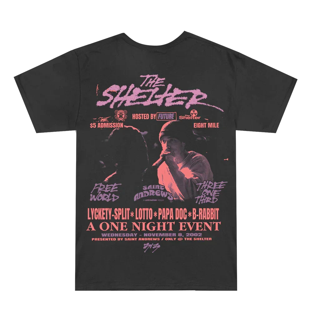 Back of the black Eminem Shelter T-shirt with The Shelter one night event lineup