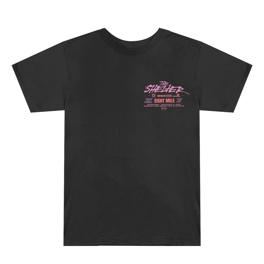 Front of the black Eminem Shelter event T-shirt with small pink chest print