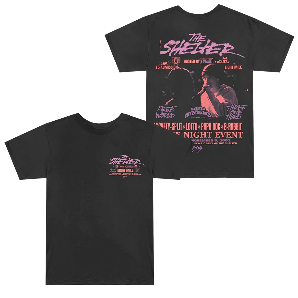 Black Eminem Shelter event T-shirt front and back flat lay with pink gig poster art