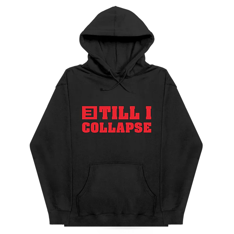 Black Eminem Till I Collapse hoodie flat lay with red gothic chest lettering