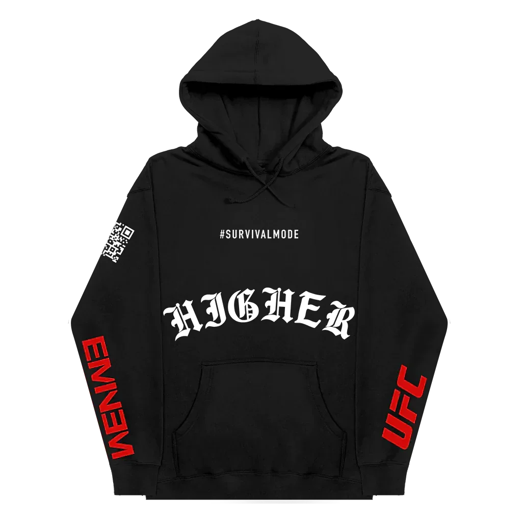 Black UFC x Eminem Higher hoodie with white gothic lettering and red sleeve prints
