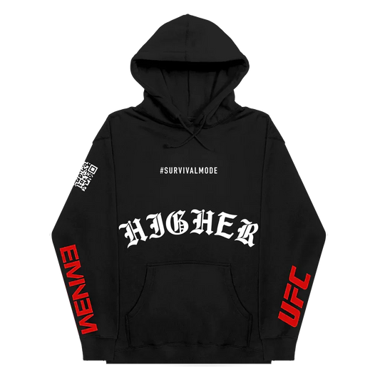Black UFC x Eminem Higher hoodie with white gothic lettering and red sleeve prints