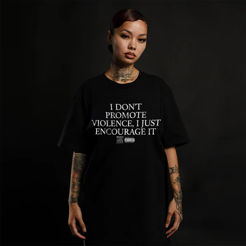 Woman wearing the black Eminem TDOSS Promote Violence T-shirt, centred text print