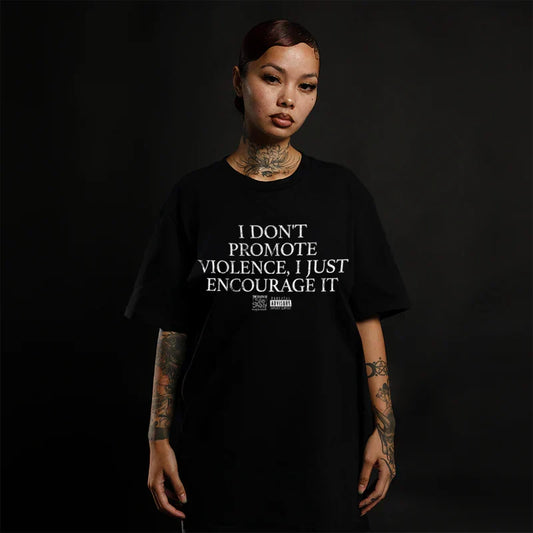 Woman wearing the black Eminem TDOSS Promote Violence T-shirt, centred text print