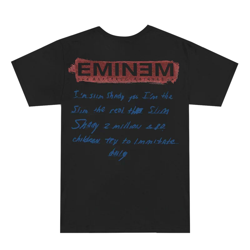 Back of the black Eminem MMLP25 top with red logo and blue handwritten lyric text