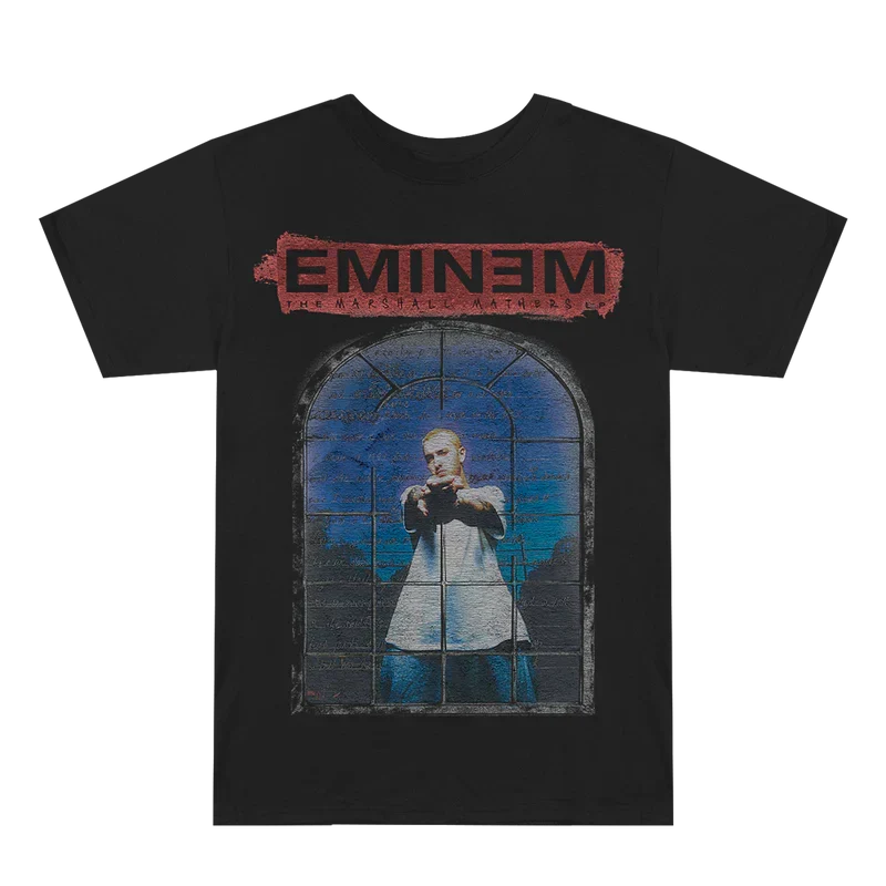 Front of the black Eminem MMLP25 top with red logo above the stained-glass portrait
