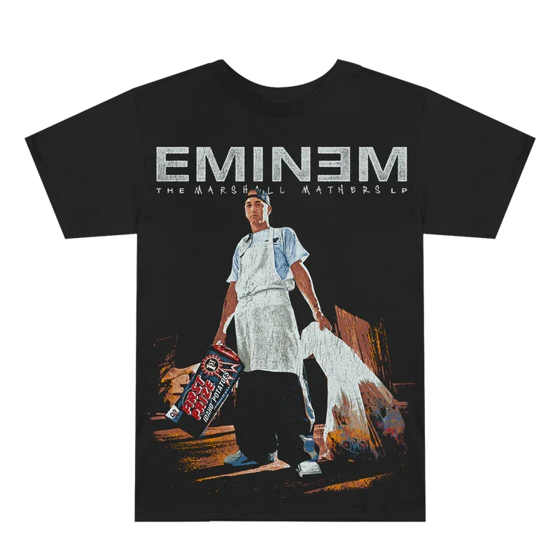 Front of the black Eminem MMLP25 Tracklist T-shirt with white logo and seated portrait