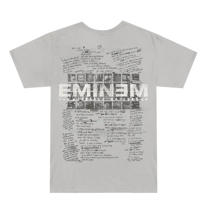 Back of the grey Eminem MMLP25 Scribble T-shirt with scribbled lyric page graphic