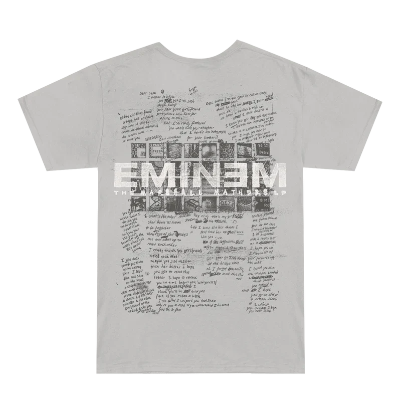 Back of the grey Eminem MMLP25 Scribble T-shirt with the scribbled lyric sheet graphic