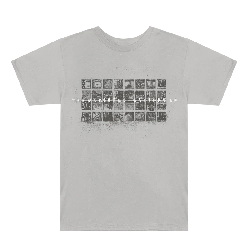 Front of the grey Eminem MMLP25 Scribble T-shirt with photo contact-sheet chest print