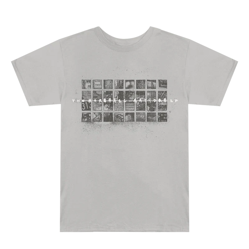 Front of the grey Eminem MMLP25 Scribble T-shirt with black-and-white photo grid
