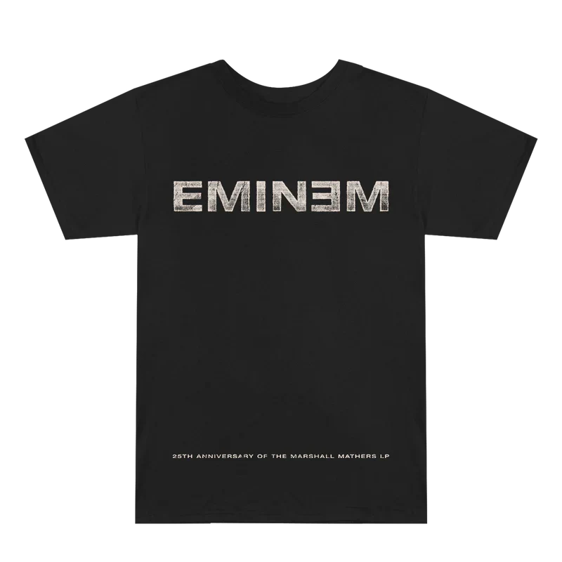 Front of the black Eminem MMLP25 T-shirt with the reversed white Eminem logo